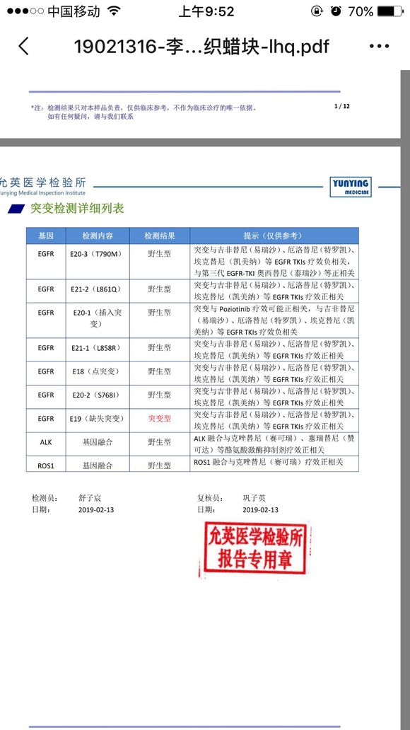 肺癌基因检测报告，帮忙看看